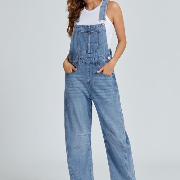 Women's Denim Overall Casual Straight Wide Leg Bib Jeans Overall Adjustable Stra - Picture 4 of 7